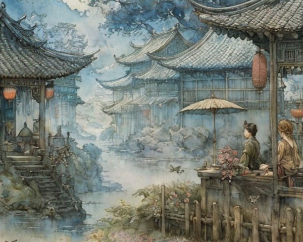 Watercolor of a tranquil village by a calm river