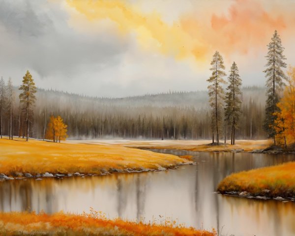 Autumn Landscape with River and Evergreen Trees