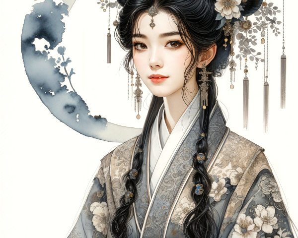 Elegant Woman in Traditional Floral Gown with Moon