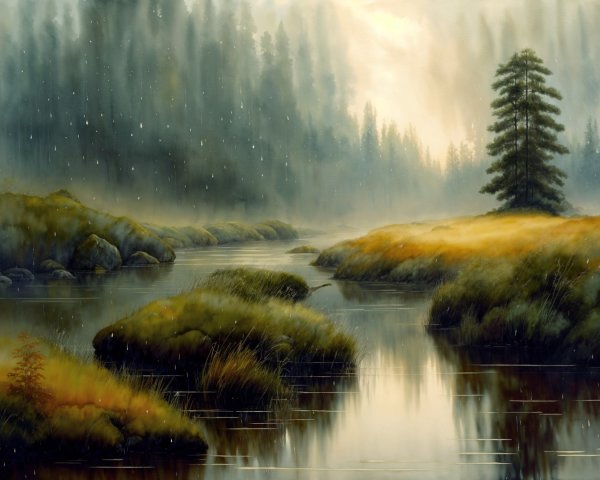 Tranquil River Landscape with Lush Greenery and Mist