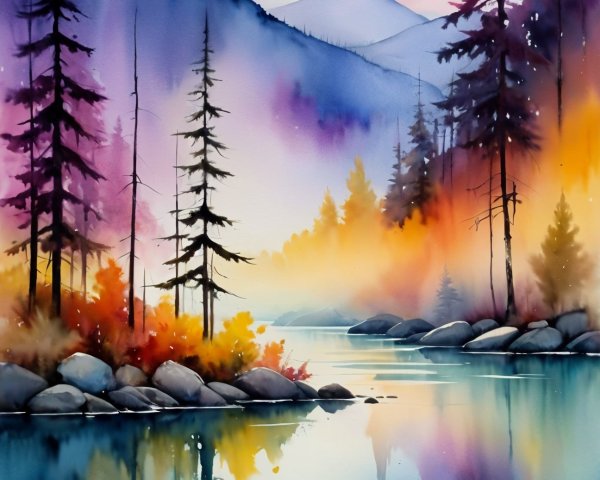 Tranquil River Landscape with Lush Foliage and Mountains