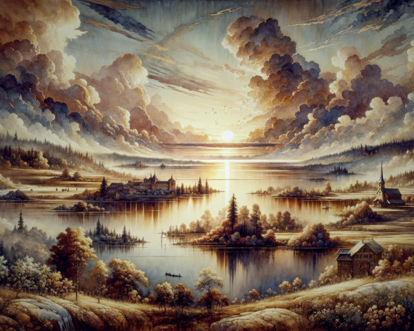 Serene Sunset Landscape with Tranquil Lake Reflection