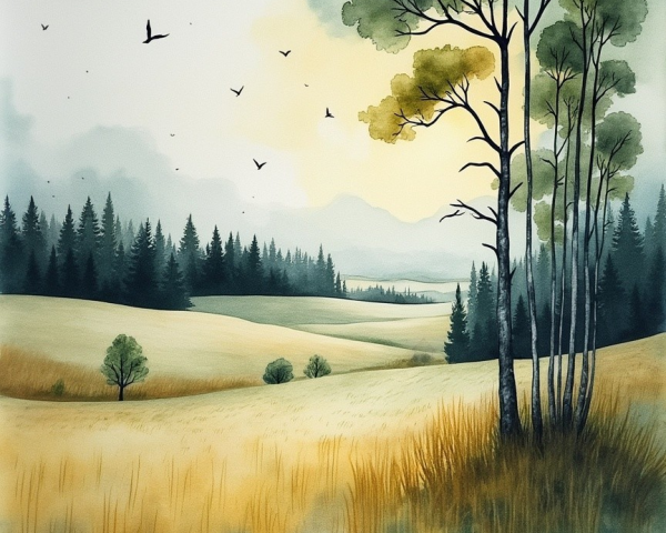 Serene Landscape with Rolling Hills and Towering Trees