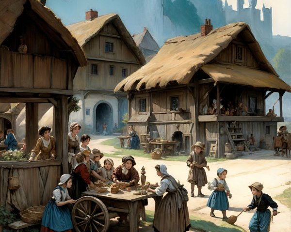 Medieval Village Scene with Baked Goods and Castle