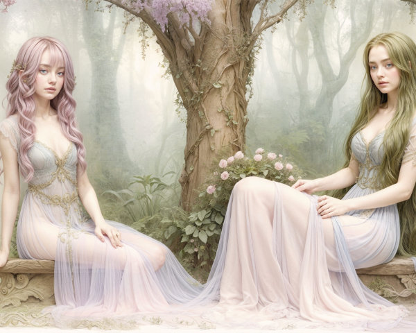 Ethereal Figures in a Mystical Forest Setting