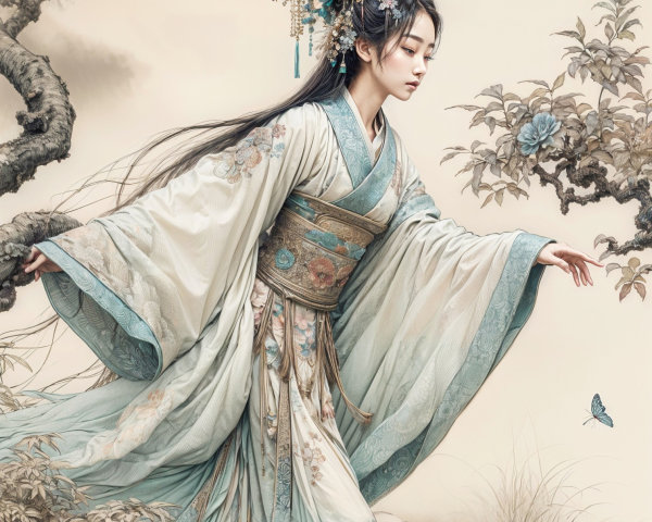 Graceful Woman in Traditional Gown by Water Body