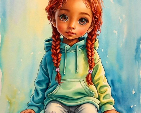 Whimsical Illustration of a Girl with Red Braids