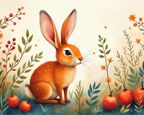 Fluffy Orange Rabbit Surrounded by Wildflowers and Fruits