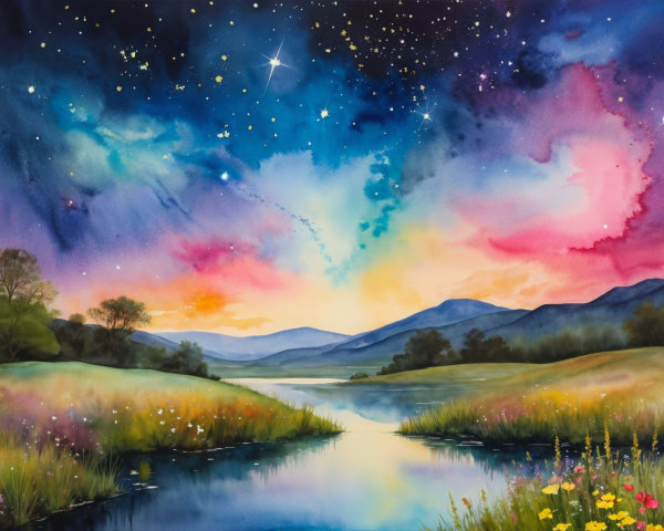 Serene Dusk Landscape with River and Wildflowers