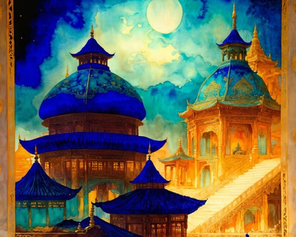 Surreal Landscape with Blue-Roofed Structures