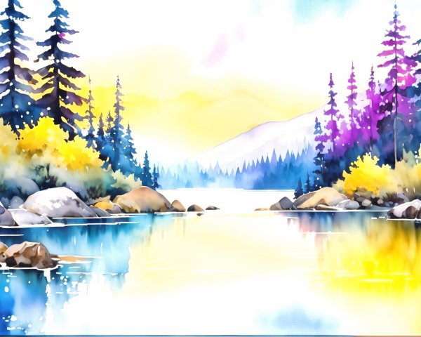Tranquil Lake Surrounded by Lush Greenery and Mountains