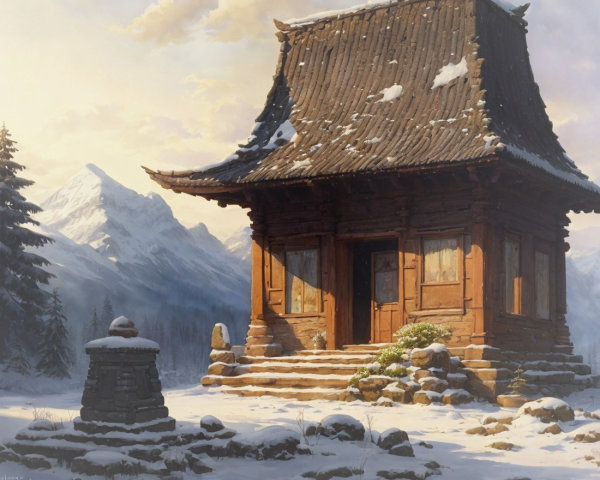 Serene Winter Landscape with Rustic Temple and Mountains
