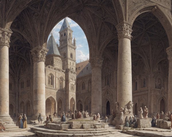 Grand architectural space with carved arches and clock tower