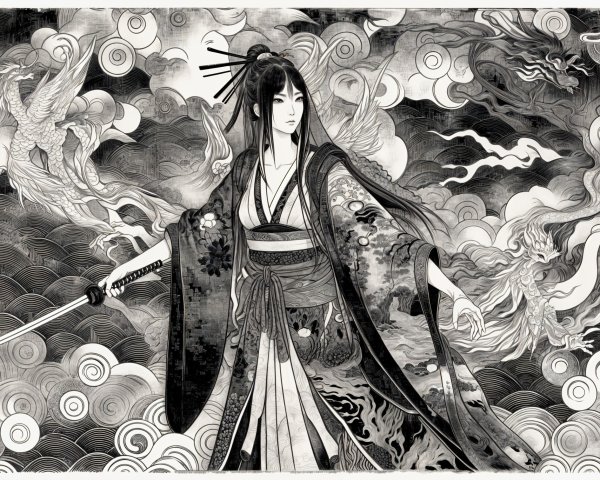 Monochrome Woodblock Print of a Female Samurai