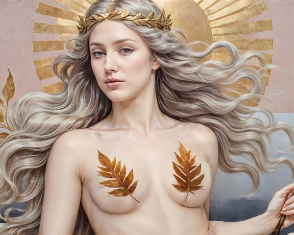 Ethereal Woman with Silver Hair and Golden Laurel Crown