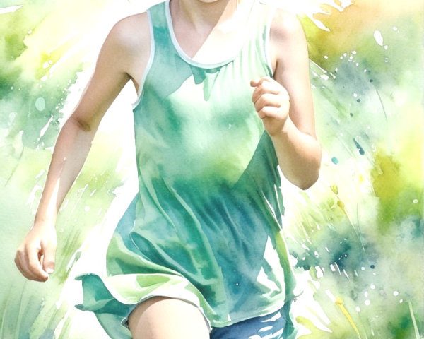 Joyful Girl Running in Sunlit Field Watercolor Painting