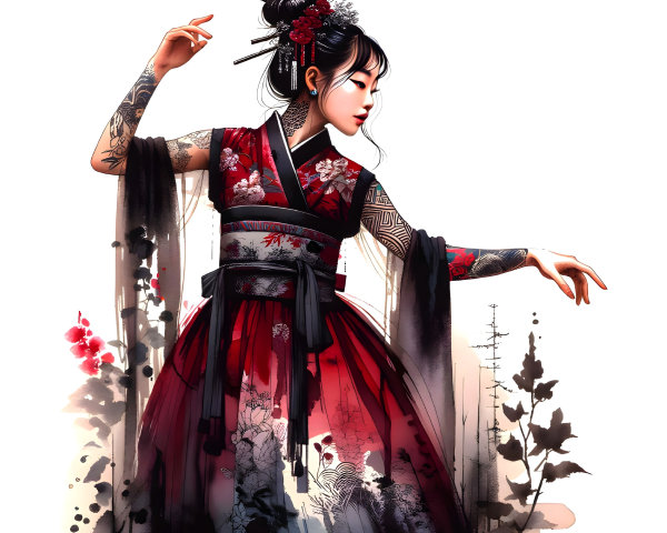 Traditional Kimono with Floral Patterns and Tattoos