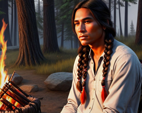 Indigenous Man by Campfire in Serene Forest Setting