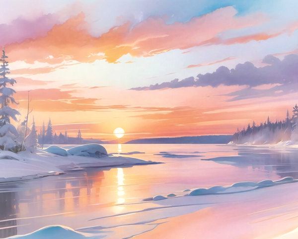 Digital Painting of Winter Landscape at Sunset