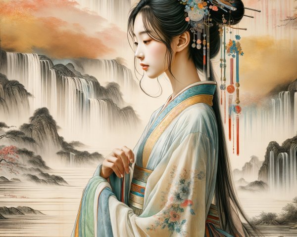 Serene Young Woman in Traditional Robe by Waterfalls