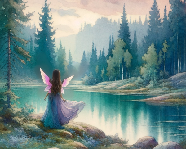 Tranquil Lake and Fairy Figure in Serene Landscape