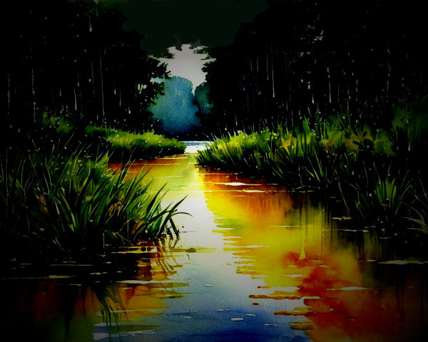 Serene Landscape with Winding River and Sunset Hues