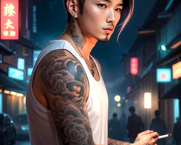 Stylish Young Man with Tattoos in Neon-Lit Street