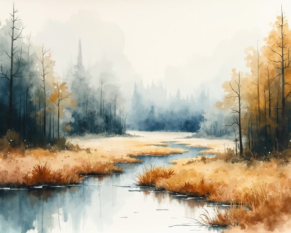 Tranquil River in Misty Wetland with Autumn Colors