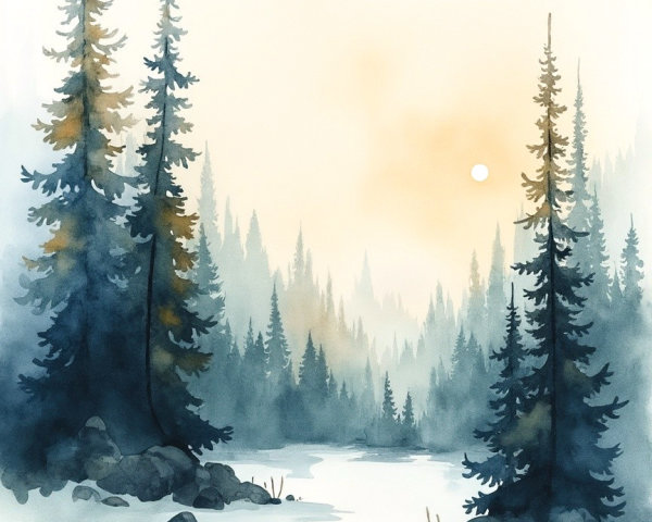 Tranquil Forest Landscape at Dawn with Mist and Water