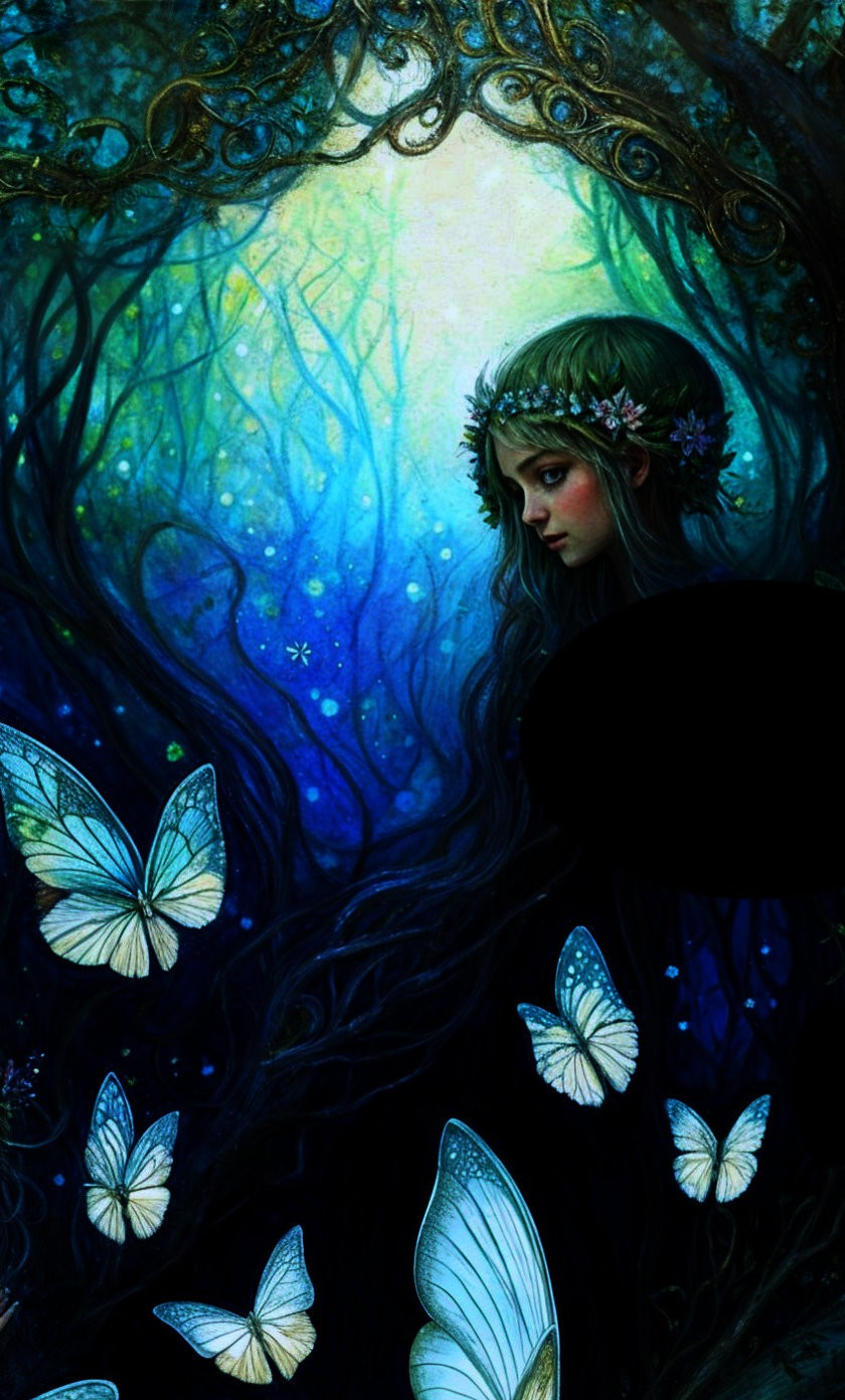 Mystical forest scene with a thoughtful young woman