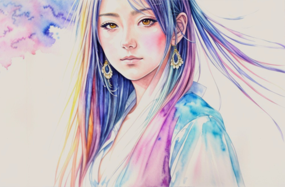 Watercolor Portrait of Young Woman with Vibrant Hair