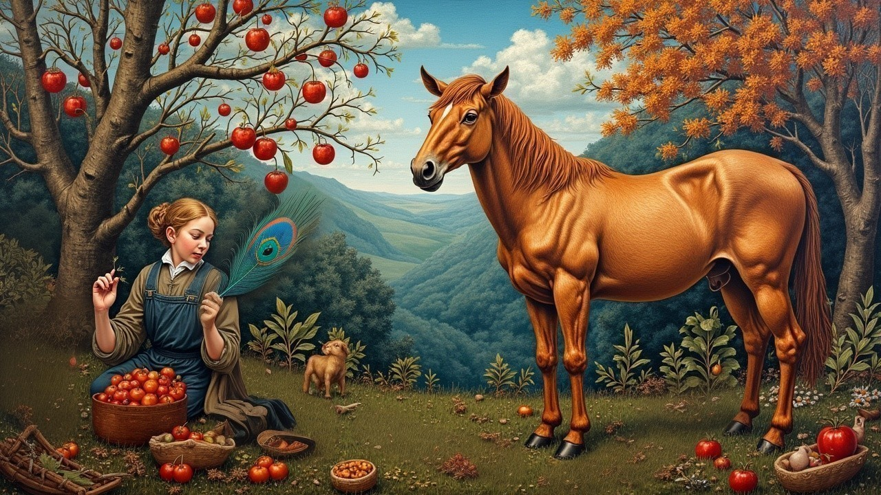 Young girl with apples beside a golden horse and cat