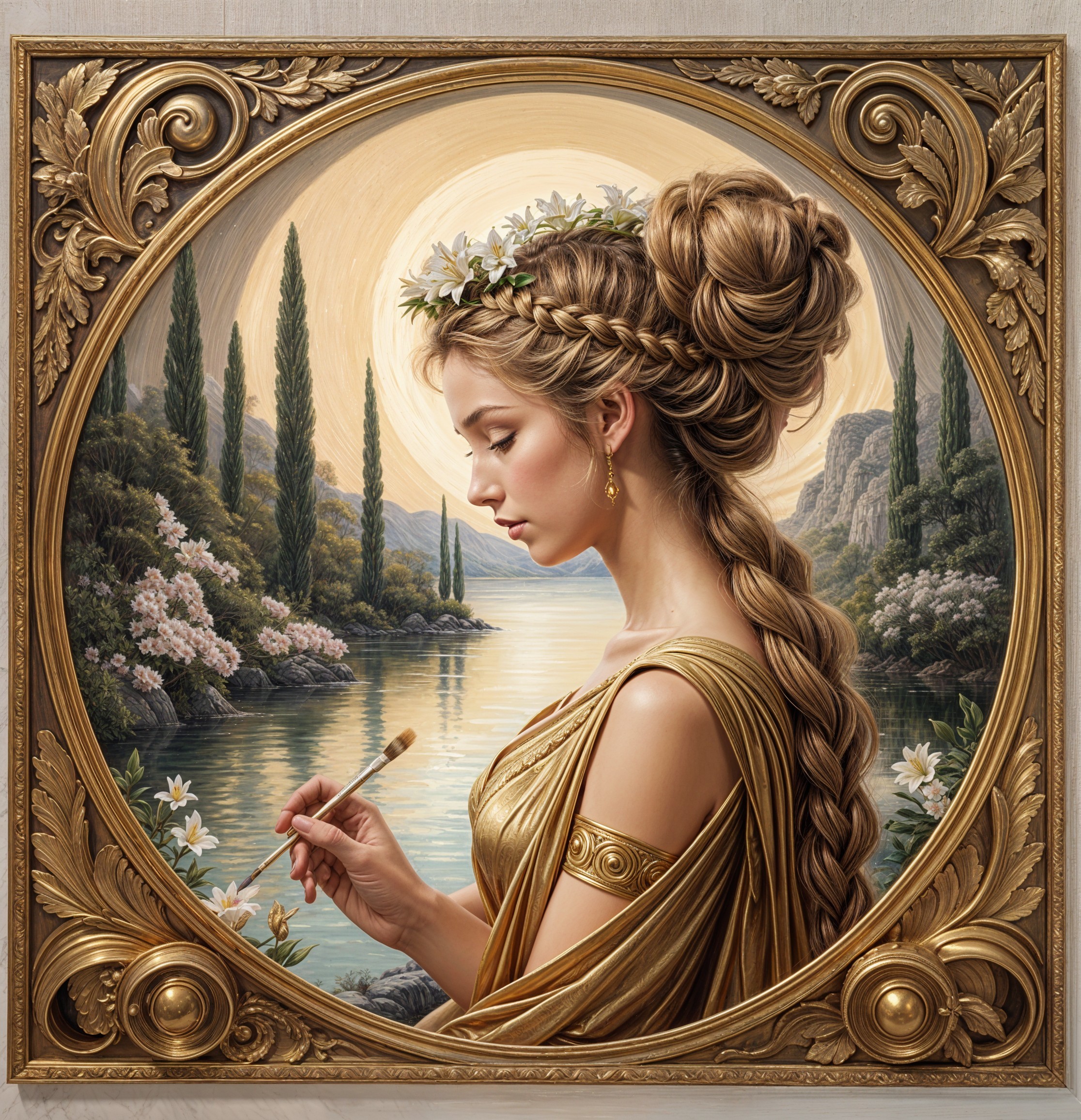 Serene Woman by Tranquil Lake in Golden Gown