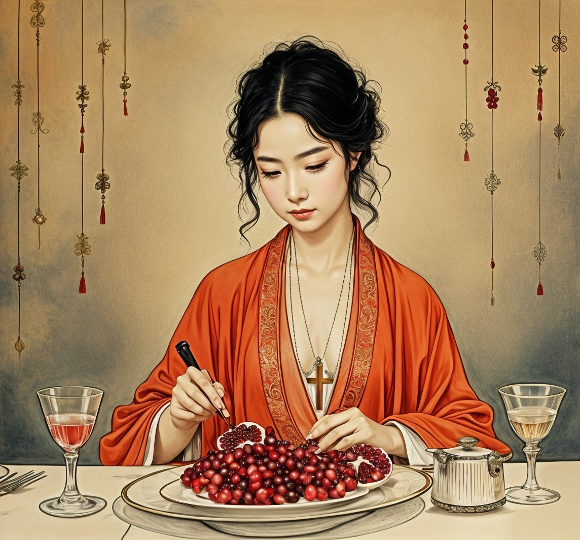 Serene Woman in Orange Robe Arranging Pomegranates