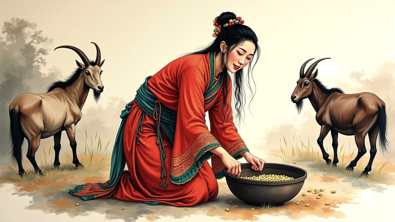 Woman in Red Dress Sorting Grains with Goats