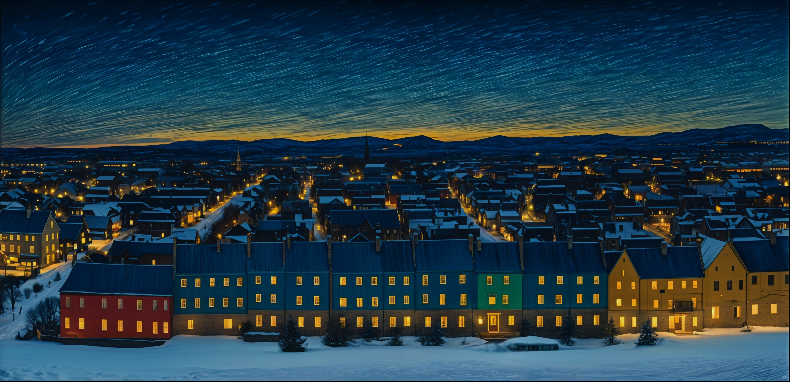 Serene Winter Night Scene of a Town with Colorful Buildings