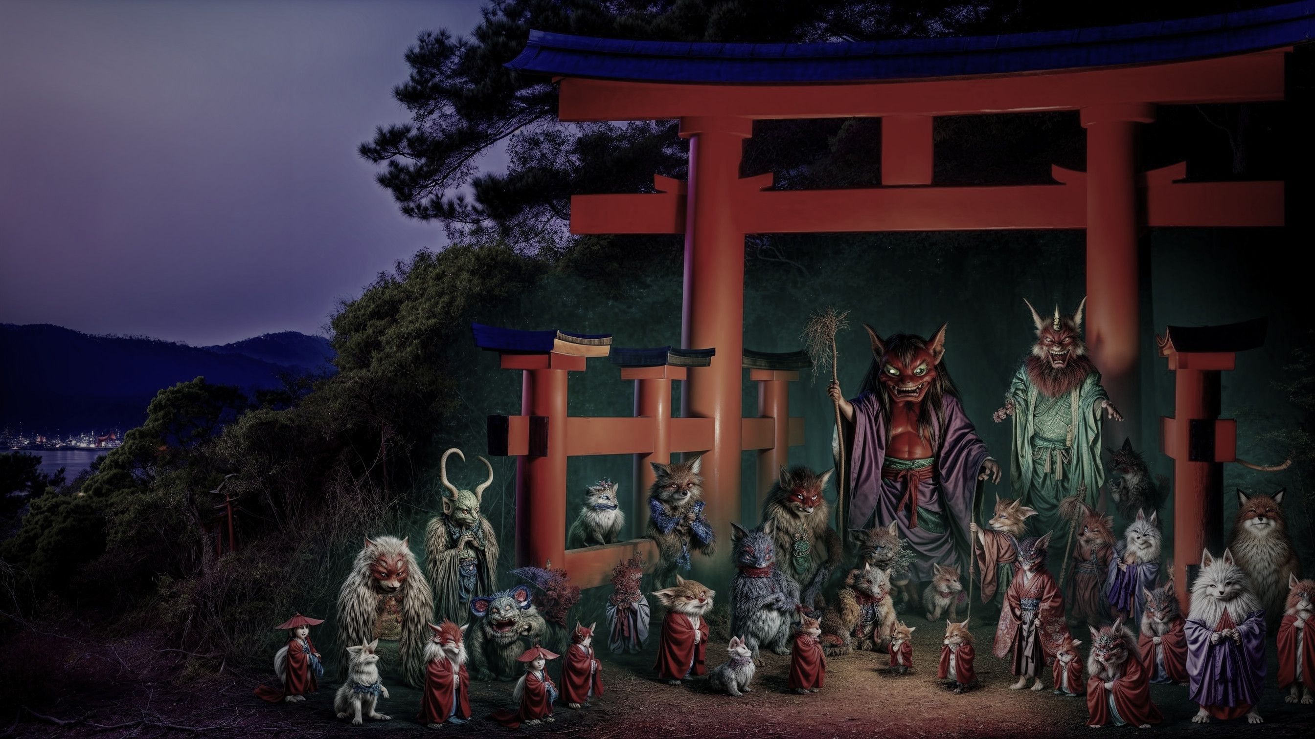 Mystical Twilight Scene with Anthropomorphic Animals