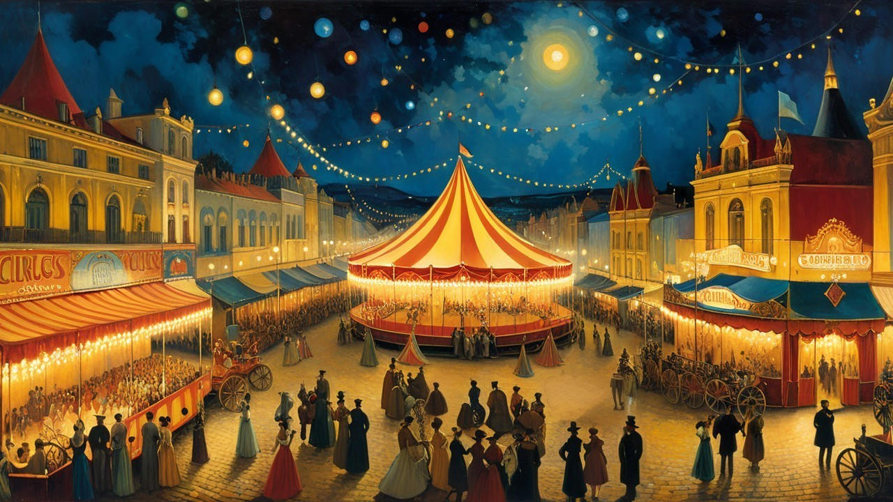 Vibrant Night Carnival Scene with Striped Tent and Lights