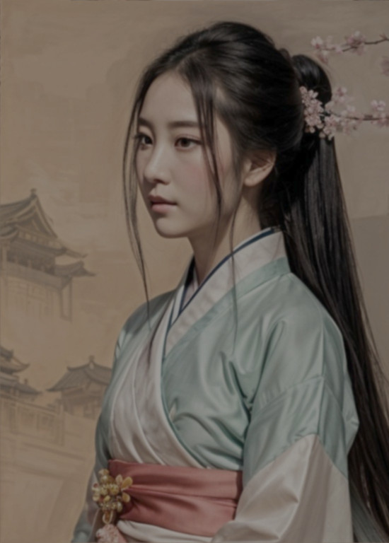 Serene Young Woman in Traditional Silk Hanbok