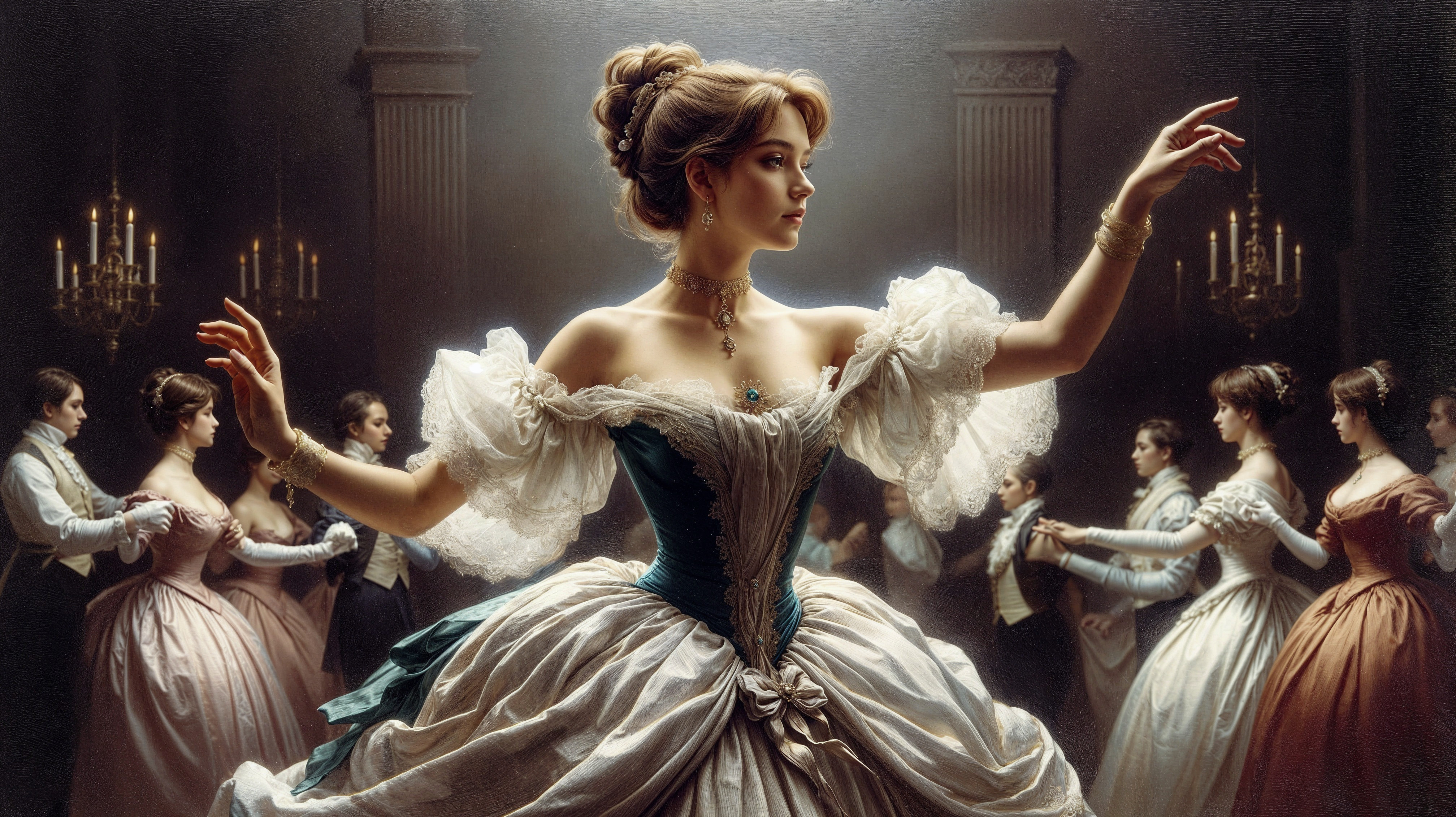 Grand ballroom scene with elegant gown and waltzing figures