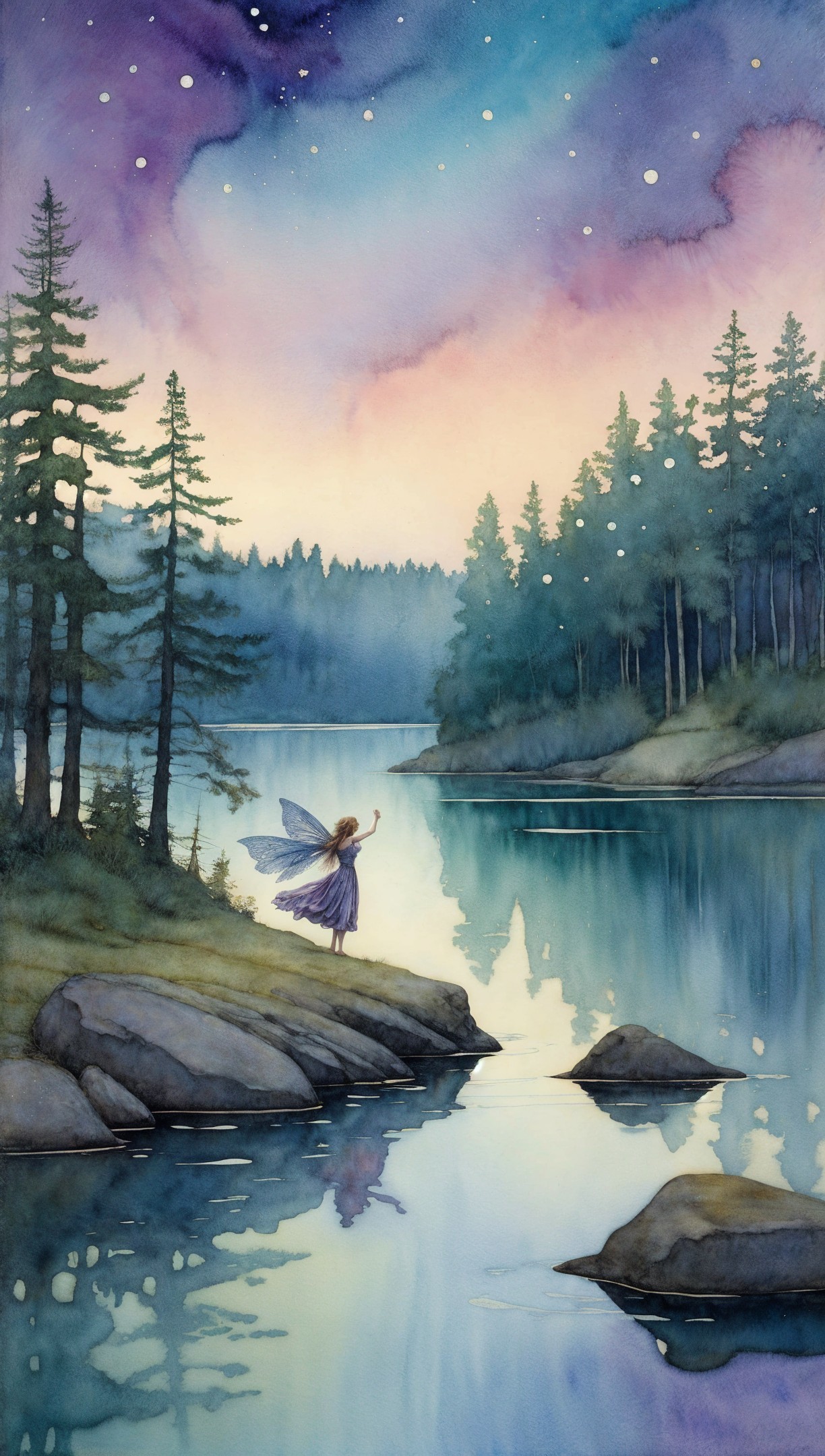 Watercolor Scene of Lake, Pines, and Fairy at Dusk