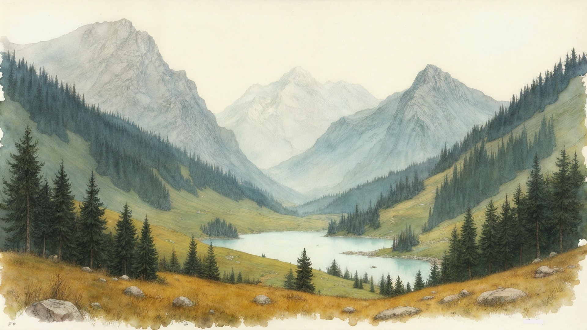 Tranquil Lake Surrounded by Majestic Mountains and Valleys