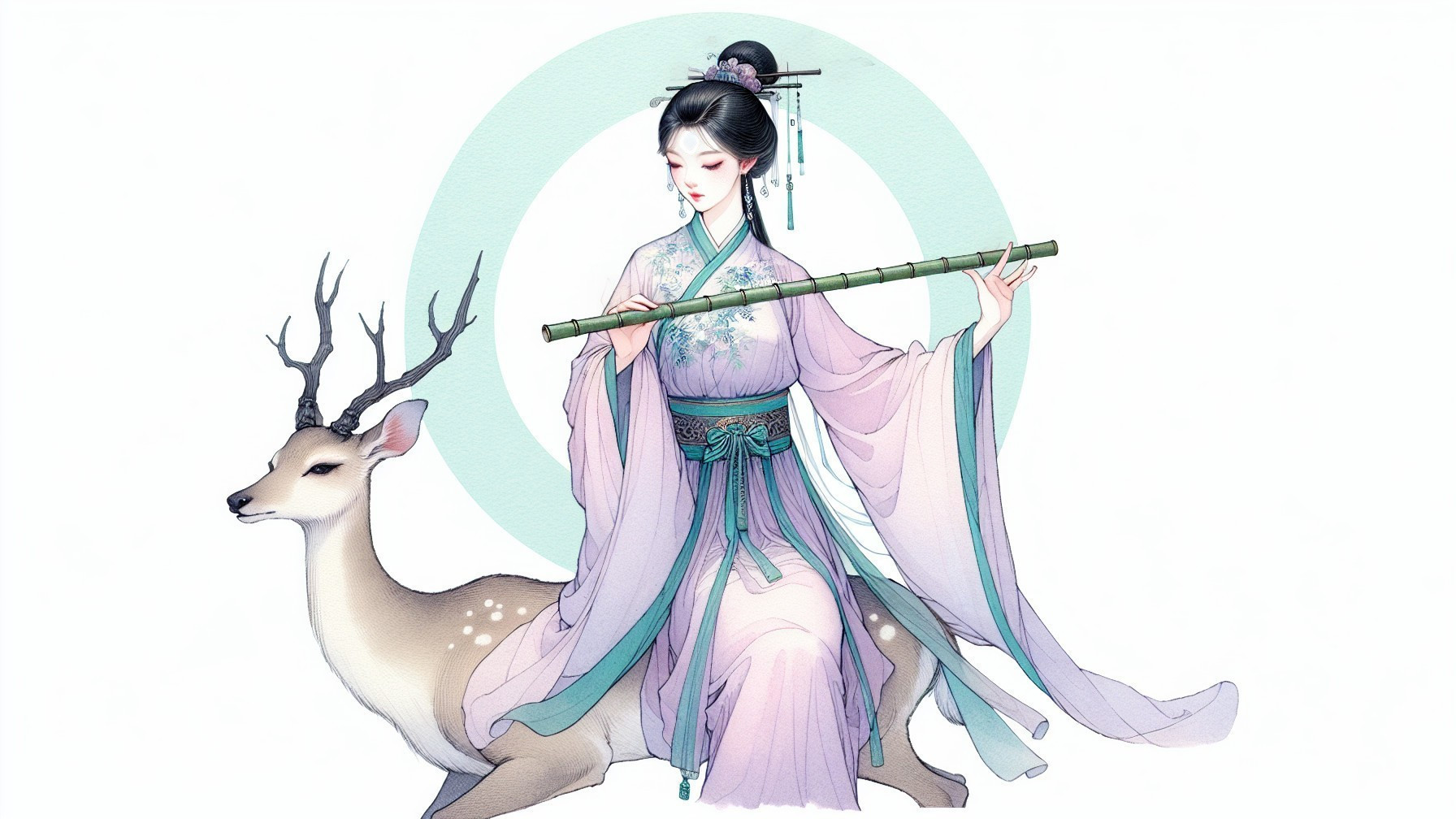Serene Woman Playing Flute on Gentle Deer