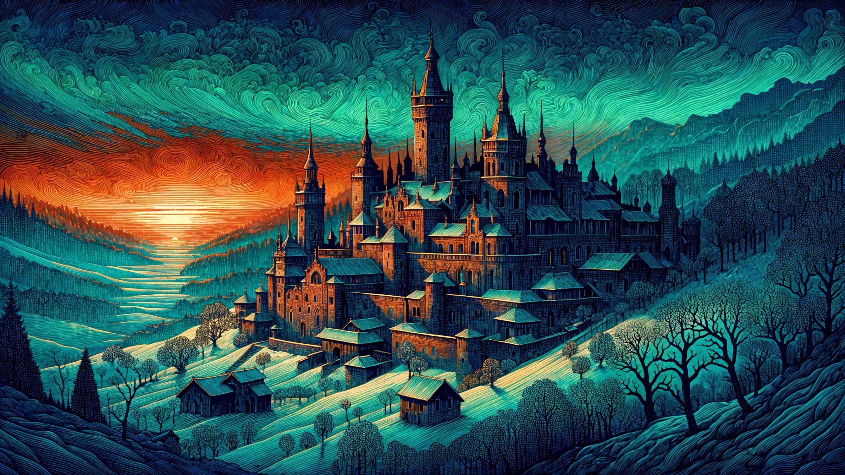 Majestic Castle at Sunset with Mirrored Lake and Hills