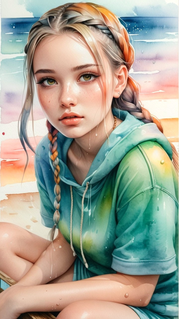 Young girl by beach in oversized hoodie at sunset