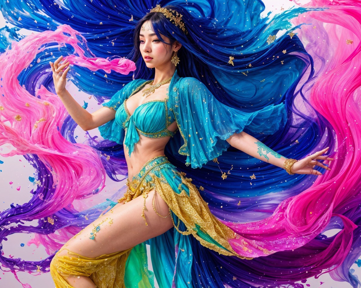 Vibrant Figure in Elaborate Costume with Colorful Hair