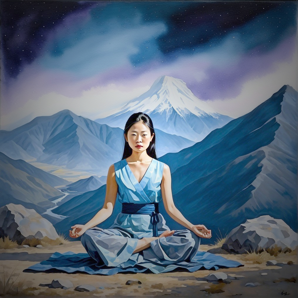 Serene Woman Meditating Against Majestic Mountains
