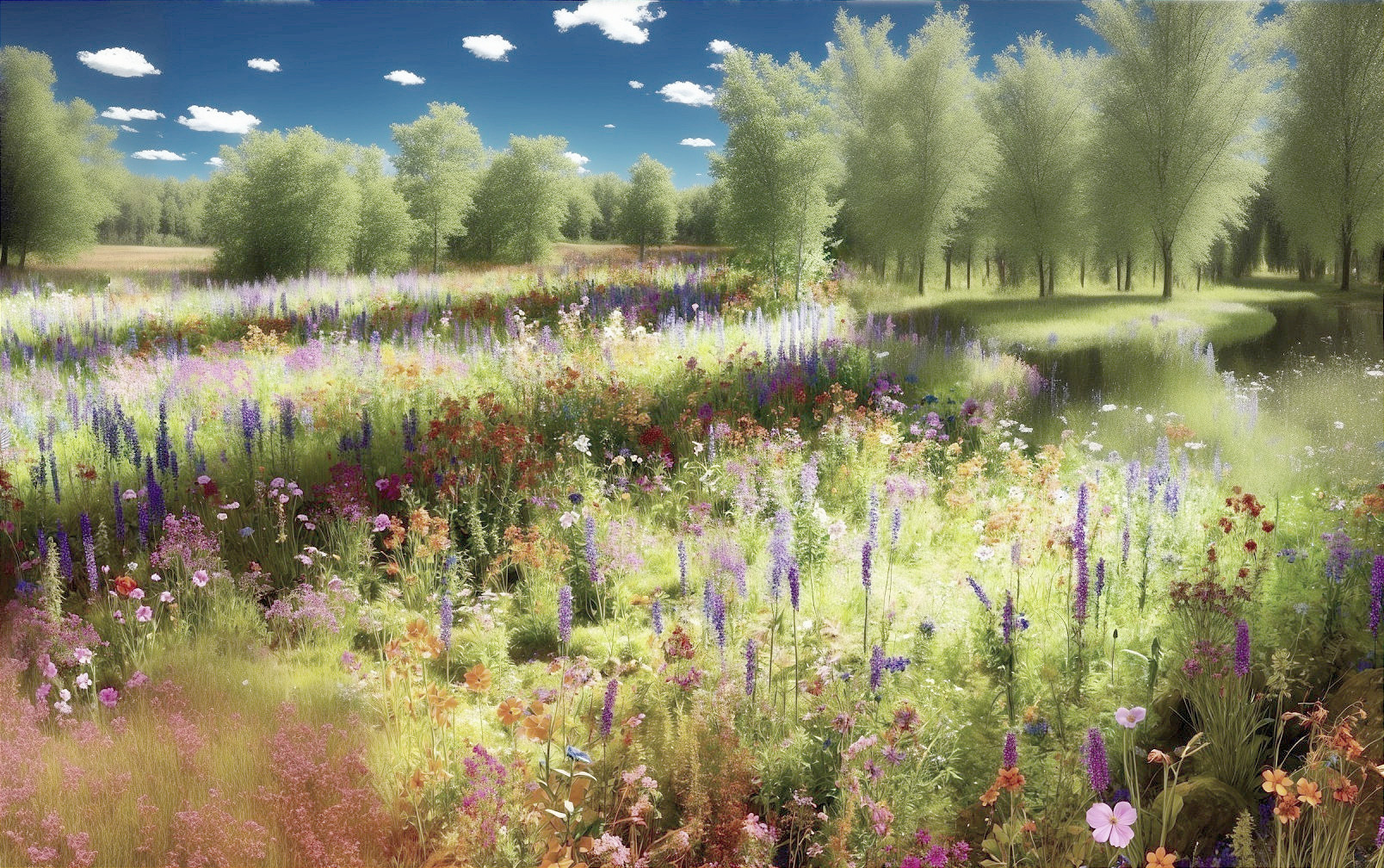 Vibrant Landscape with Colorful Wildflowers and Water Body