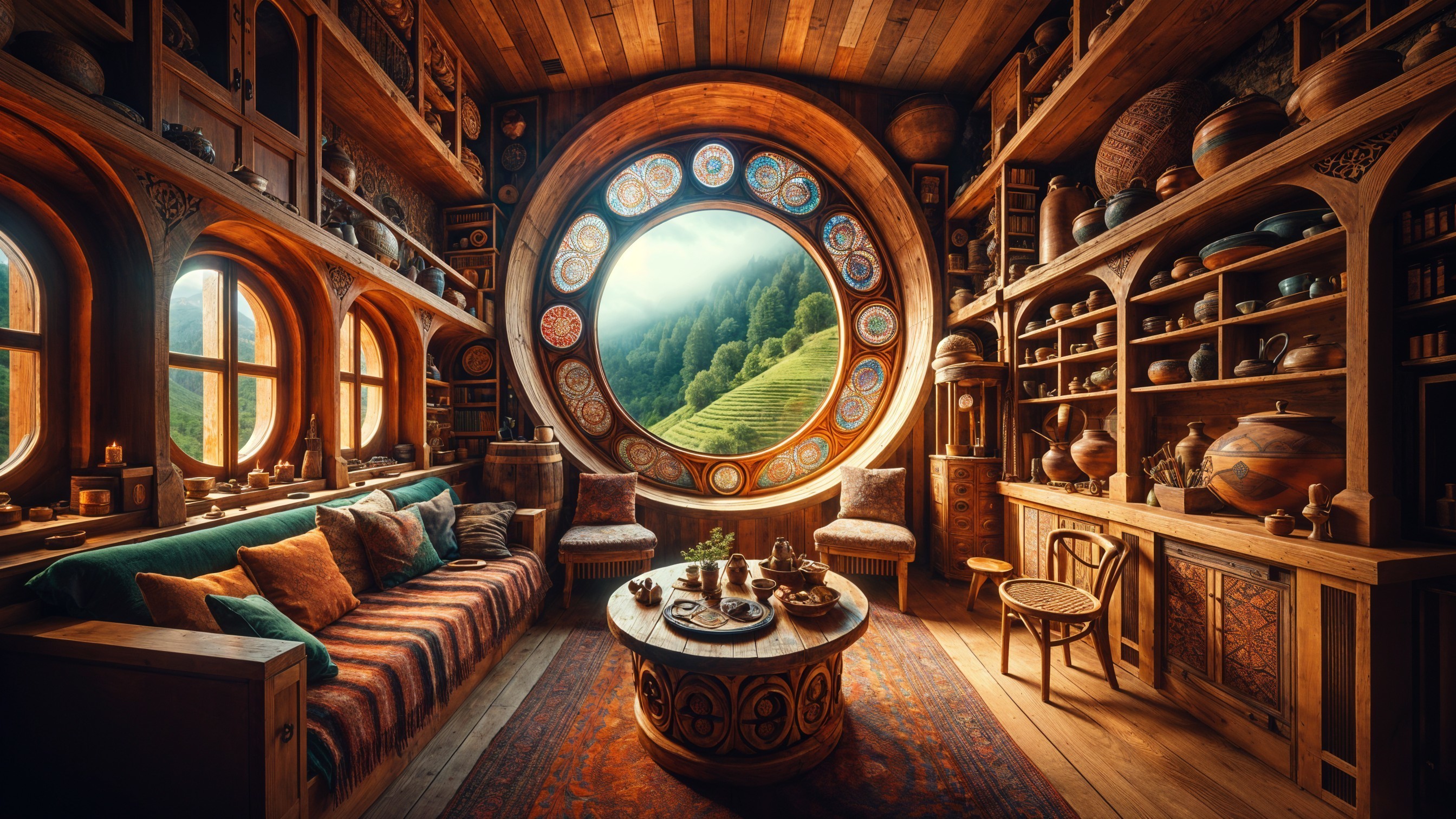 Cozy Rustic Room with Wooden Walls and Circular Window