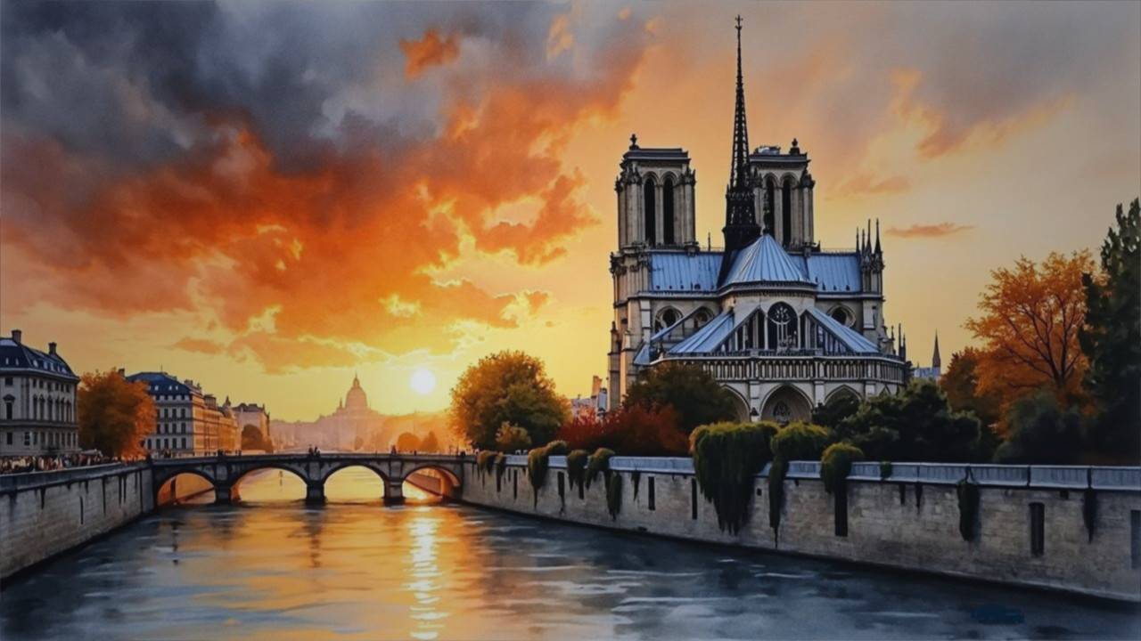 Notre-Dame Cathedral at Sunset Over Seine River
